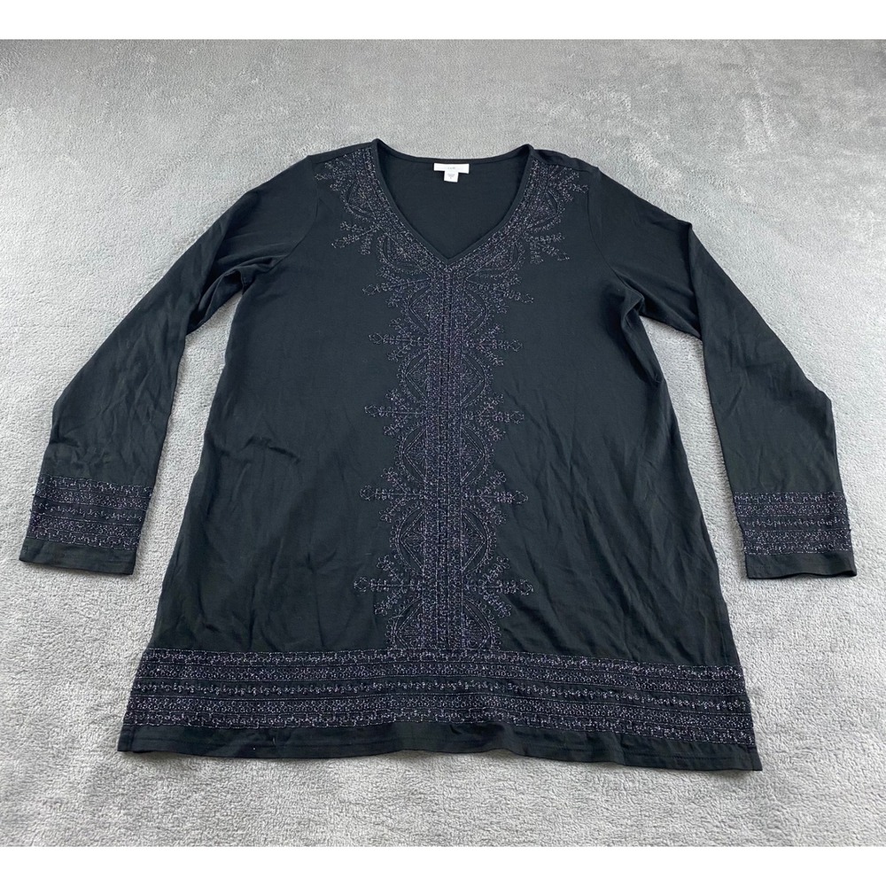 J Jill Black Long Sleeve Beaded V Neck Tunic Top Size S
